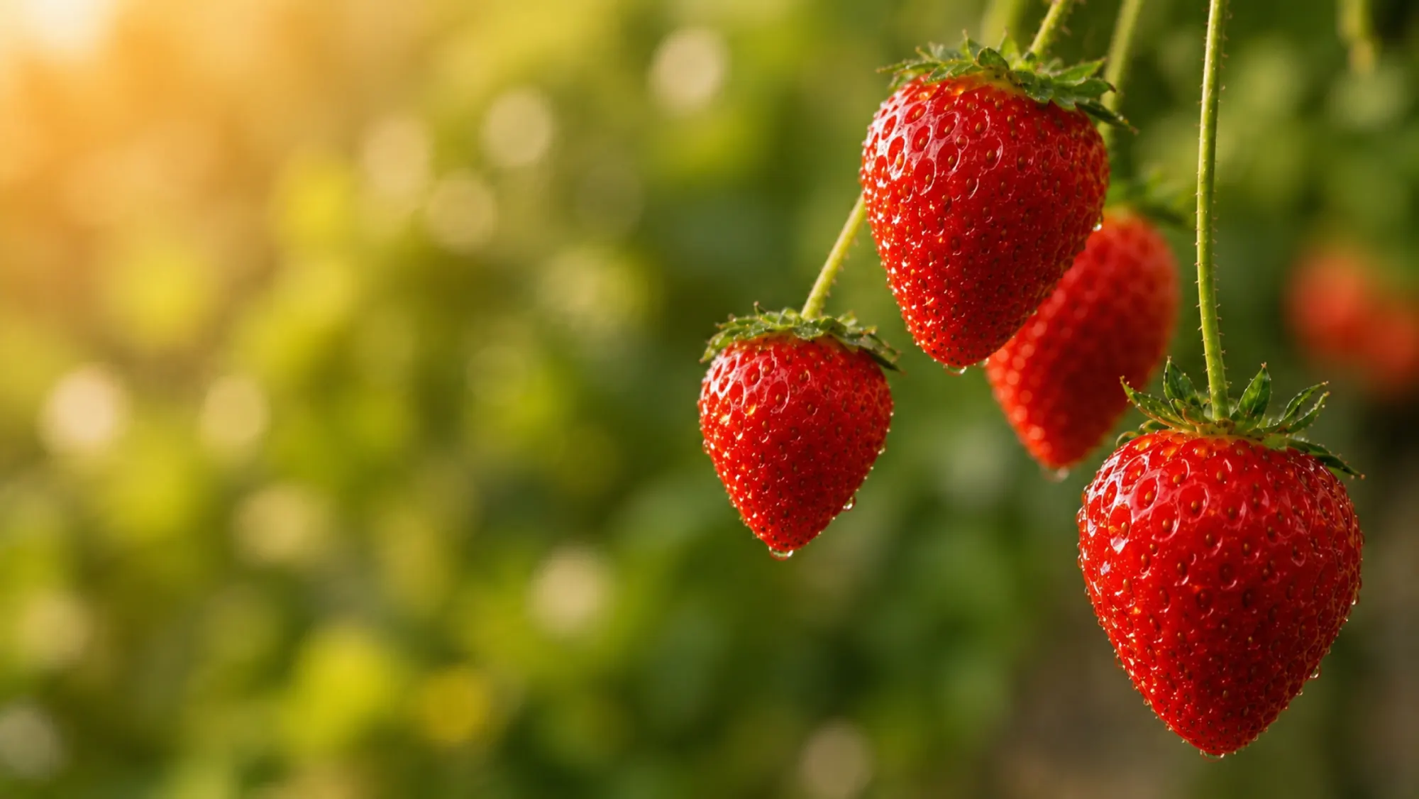 Fresas maduras y brillantes colgando de la planta
