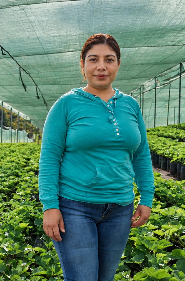 Productora con sudadera turquesa entre las hileras de plantas de fresa