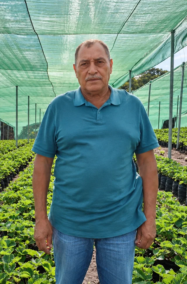 Productor con camisa tipo polo verde azulado bajo la casa malla
