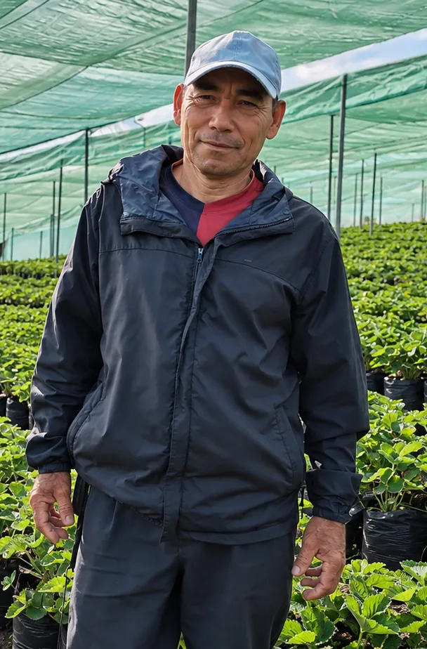 Productor con gorra y chaqueta oscura junto a las plantas en bolsa