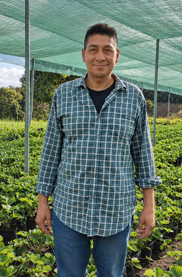 Productor con camisa a cuadros sonríe frente a las plantas