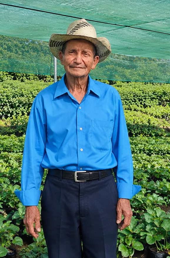 Productor de mayor edad con sombrero de palma y camisa azul